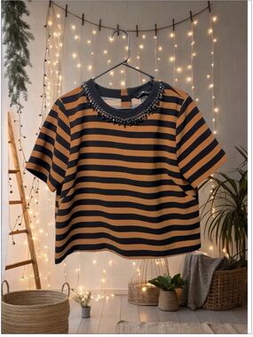 H&M rust Brown and Black horizontal Striped Blouse embellished neckline sz 14/XL